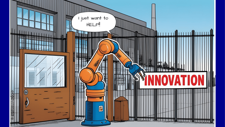 graphic image of a robotic arm at the gates of an industrial manufacturing plant