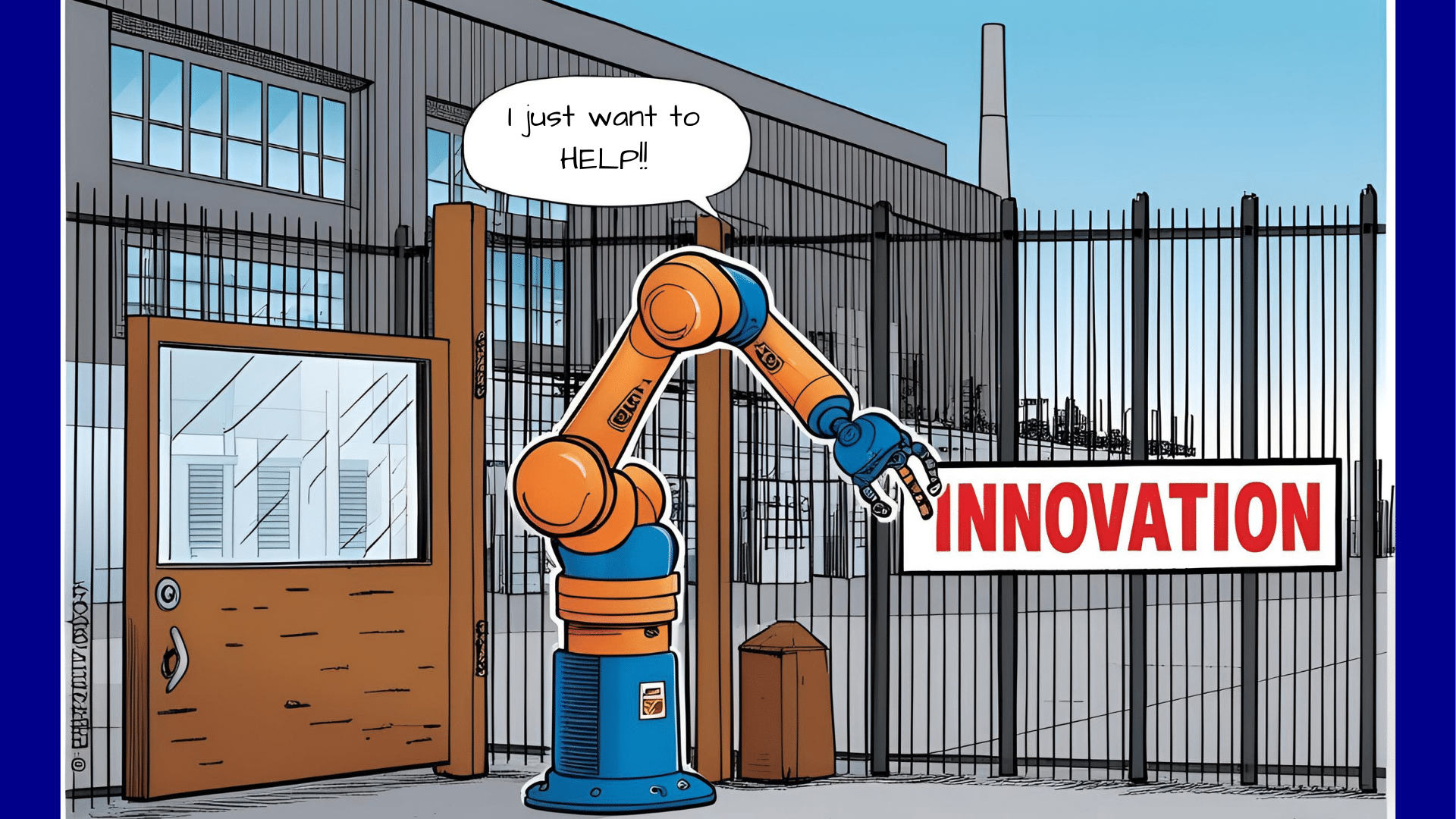 graphic image of a robotic arm at the gates of an industrial manufacturing plant